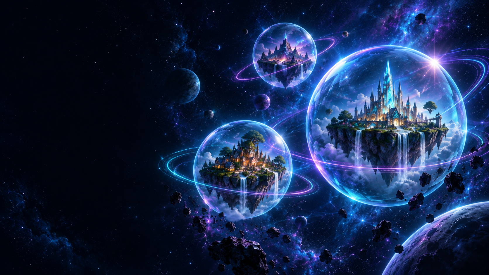 Floating fantasy worlds enclosed in luminous spherical bubbles, linked by cyan and violet orbital rings.